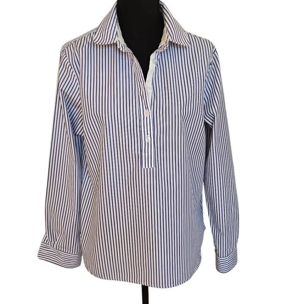 Cortland Park Womens Striped 1/4 Button Long Sleeve Shirt Blue White Size Medium